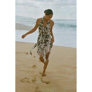 by Anthropologie Beachy Fringed Wrap Halter Cover-Up Dress Vacation Resort Boho